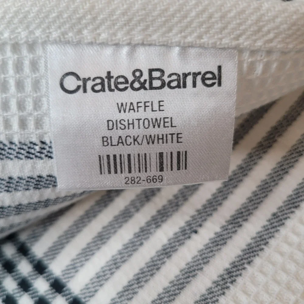 Crate & Barrel Waffle Dishtowel Black & White Stripes 100% Cotton Set of 2 - NEW